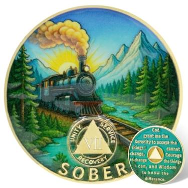 Imagem de Leafence Moeda AA Sobriety Alcoólicos Anônimos Chip de Recuperação com Oração Serenidade, Design de Trem e Montanha Medalhão Token AA para Presente de Sobriedade do Programa de 12 Passos (Moeda de