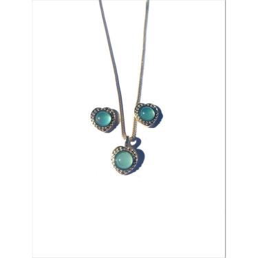 Imagem de Conj. Colar E Brinco Pedra Agata Azul Céu Coração Semijoia