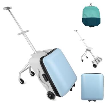 Imagem de Mala infantil de 50 cm com assento para meninos e meninas a partir de 3 anos, mala de bagagem infantil com rodas extensíveis, capa rígida leve, mala e mochila infantil para diversão e viagem fácil