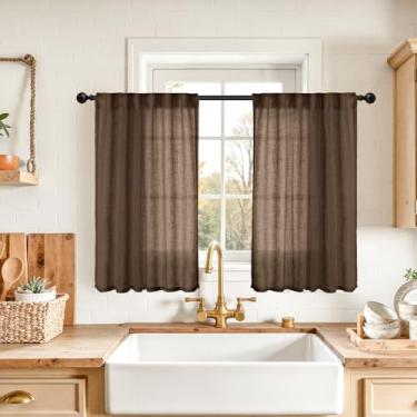 Imagem de YoungsTex Cortinas curtas de linho 91 cm de comprimento para janela de cozinha sobre a pia - Cortinas de filtragem de luz marrom semitransparentes com bolso para varão para janela de banheiro de café