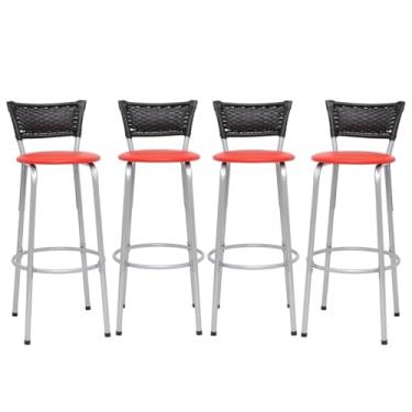Imagem de Banqueta Altas Junco Preto Estrutura Prata 70cm Para Balcão Cozinha, Bar, Bistrô, Americano Kit 04 Unidades - Itagold (Assento Vermelho)