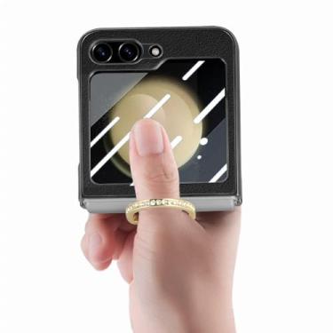 Imagem de para Samsung Z Flip 5 Capa de couro com suporte de anel de dedo para Samsung Galaxy Z Flip 5 Flip5 5G Zflip5 Película protetora de vidro Temepred, preta, para Samsung Z Flip 5
