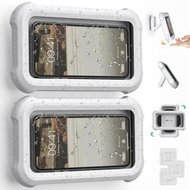 Imagem de Suporte de telefone de chuveiro à prova d'água, rotação de 360°, ângulo ajustável, suporte de telefone montado na parede para espelho de banheiro, banheira, cozinha, até 17 cm, acessórios de chuveiro