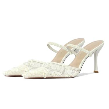 Imagem de Sapato feminino bico fino bordado floral salto gatinho mules sexy tira no peito do pé frente única sem cadarço conforto salto stiletto slingback vestido elegante sapatos para festa de casamento