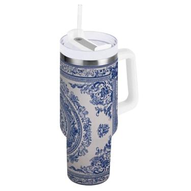 Imagem de Blueangle Copo isolado de 1,134 g com alça e tampa de canudo - Caneca de viagem de aço inoxidável à prova de vazamento, garrafa de água estilo porcelana azul e branca a vácuo de parede dupla (767)