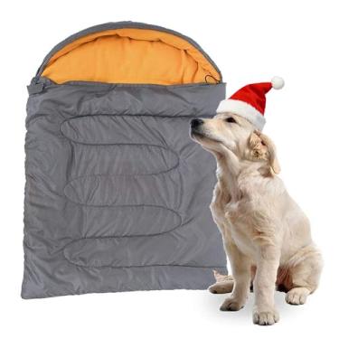 Imagem de Saco de dormir para cães, impermeável, quente, embalável, tapete de cama para cães com bolsa de armazenamento para ambientes internos e externos, acampamento, caminhada, mochila (cinza + laranja, G)