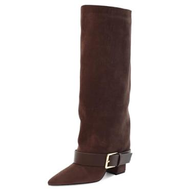 Imagem de GPXGPX Botas de cano alto femininas dobráveis, salto alto grosso, panturrilha, bico fino, fivela de cinto, bota longa para mulheres, Camurça marrom, 39