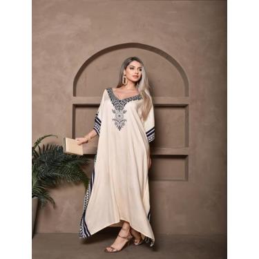 Imagem de VESTIDO LONGO FEMININO KAFTAN PLUS SIZE LISA Cor:CremeTamanho:Unico - 