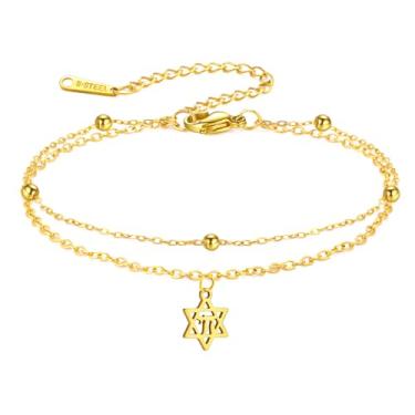 Imagem de TEAMER Estrela de Davi judaico hebraico chai pulseira dupla camada contas corrente hexagrama pulseira judaísmo jóias para mulheres, 8.5*11mm, Aço inoxidável, Sem Pedra Preciosa