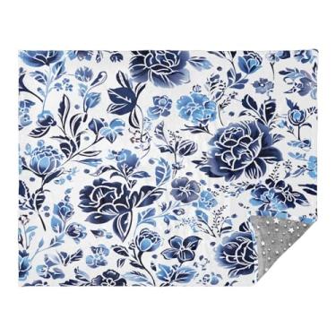 Imagem de CEBUGI Manta de flanela macia e quente de 127 cm x 178 cm para sofá-cama, escritório, acampamento, viagem, vintage, bluef lorals, uso em todas as estações