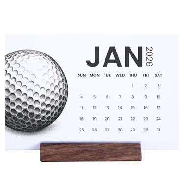 Imagem de Calendário de mesa minimalista mensal 2026 - cartões de 10 x 15 cm com suporte de madeira - presente de decoração de casa (golfe (branco))