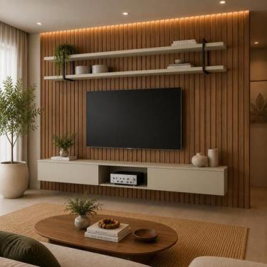 Imagem de Painel Ripado para TV com Prateleira e Nicho 240cm 100% MDF - Casa Lar