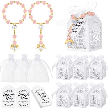 Imagem de 100 peças de conjuntos de batismo de terço inclui 25 peças de mini brindes de batismo de terço com anjo, 25 peças de caixas de presente de batismo, 25 peças de bolsas de organza e