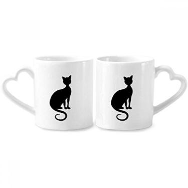 Imagem de Conjunto de canecas de porcelana para casais, desenho de arte de animal e gato preto elegante com alça de coração