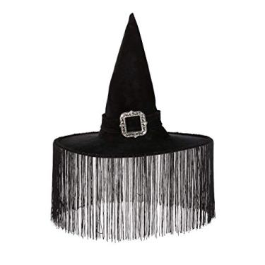 Imagem de Dreamgirl Chapéu feminino de bruxa malvada com fivela e franja drapeada, acessório de fantasia de Halloween para adultos, Preto, tamanho nico