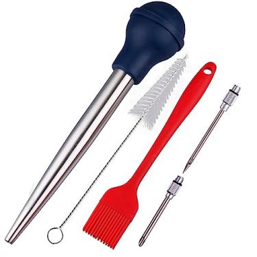 Imagem de Kalsreui Conjunto de pastilha de peru, seringa de aço inoxidável 18/8 para cozinhar, injetor de carne com 2 agulhas e 2 escovas de limpeza, baster para sabor de carne de aves, carne bovina e frango