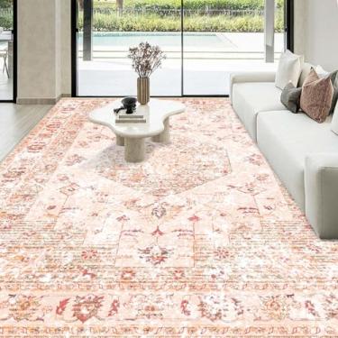 Imagem de Tapete de área lavável Boho 20 x 25 cm, laranja, rosa, vermelho, grande, antiderrapante, macio, oriental, vintage, cor pêssego, quarto, sala de jantar, berçário, casa, escritório, decoração interna