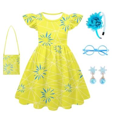 Imagem de Vestido para meninas com padrões Starburst, vestidos casuais com manga de babados, faixa de cabeça e óculos, roupa de Natal e aniversário, Amarelo, 4-5 Anos
