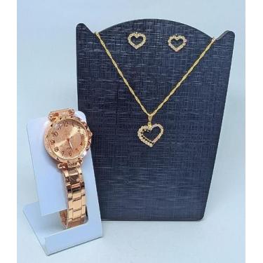 Imagem de Kit Relógio Feminino Aço Inox Strass Pedras Zircônias Analógico Dourad