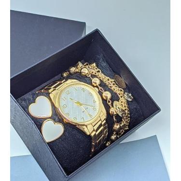 Imagem de Kit Relógio de Pulso Redondo Feminino Aço Inoxidável Quartzo Analógico