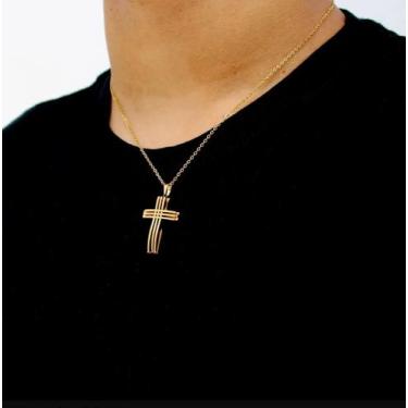 Imagem de Colar Corrente Aço inoxidável 316L Inox Masculino com Pingente Cruz Va