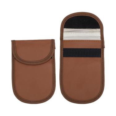 Imagem de VekAuto 2 peças, bolsa Faraday, bolsas de bloqueio de sinal RFID universais para acionador de partida de carro sem chave de carro, protetor de chaveiro PU marrom claro