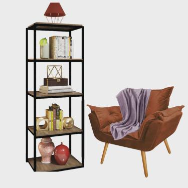 Imagem de Kit Poltrona Fatte com Manta Soft Lilás e Estante Livreiro Ferro Preto mdf Rústico Suede Terracota - Ahz Móveis