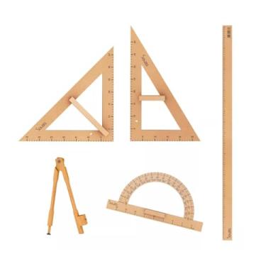 Imagem de Kit Geométrico do Professor, Régua 100cm, Compasso, Transferidor, Esquadros 45° e 60°, MDF, 5 Peças