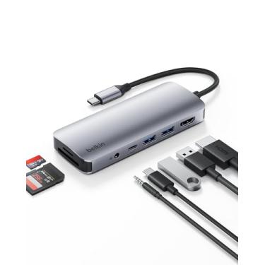Imagem de Belkin Hub USB-C, adaptador multiportas 7 em 1 – estação de ancoragem USB com 4K HDMI, porta USB-C PD 3.0, 2 portas USB-A 3.1, compartimentos para cartão SD e cartão MicroSD e conector de áudio de 3,5