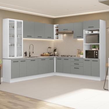 Imagem de Cozinha Completa Agata 16 Portas 3 Gavetas Madeira 549cm Branco Cinza com Cristaleira