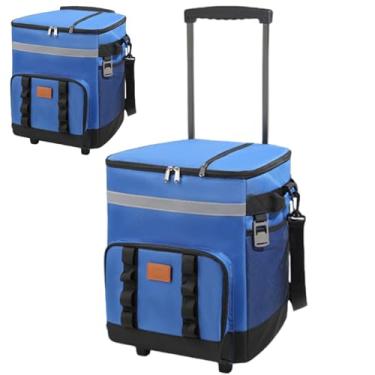 Imagem de Cooler com rodas e alça grande dobrável 35L bolsa térmica com rodinhas à prova d'água com vários bolsos fecho de zíper bolsa térmica para piquenique ao ar livre na praia, azul