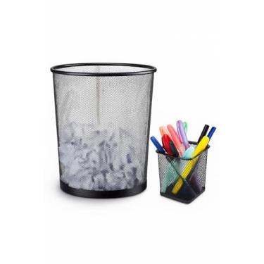 Imagem de Lixeira Escritório Cesto de lixo 12 Litros Mais Porta-Canetas Kit em Metal Aramado Preto