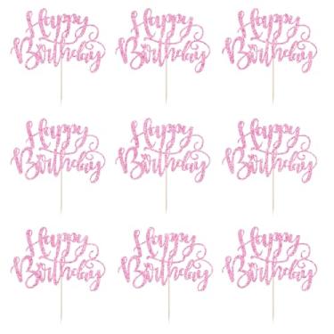 Imagem de Naicaek 24 peças de topos de cupcake de feliz aniversário, picaretas de cupcake com glitter/celebração de feliz aniversário, tema de aniversário, decoração de festa (rosa)