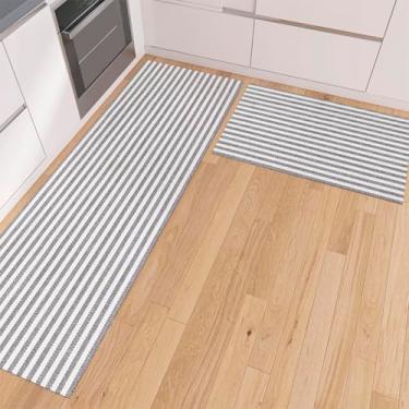 Imagem de Tapete Kit de Cozinha Antiderrapante Conjunto Passadeira 1,30m x 45cm Capacho 65cm x 45cm Jogo Cru Preto Minimalista Moderno Artesanal Listrado (2 Peças)