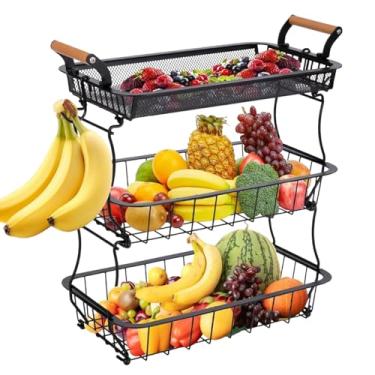 Imagem de Cesta de Frutas | Cesta de Frutas Para Cozinha Suporte de Armazenamento de 3 Níveis - Taça De Arame Metálico Com Ganchos Para Bananas Para Organização E Armazenamento De Despensa De Comida Pão