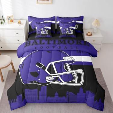 Imagem de Jogo de cama solteiro de futebol americano, 7 peças, com lençol de cima e lençol com elástico para crianças e adultos, vermelho e preto, para fãs de jogadores de bola esportiva (Baltimore)