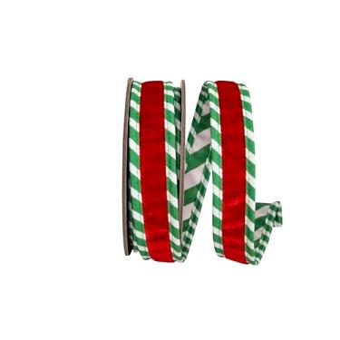 Imagem de Reliant Ribbon Fita de veludo de pelúcia listrada com fio de luxo, vermelho/verde