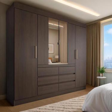 Imagem de Guarda-Roupa Casal com Espelho Trevi 4 Portas 6 Gavetas Café - Modern