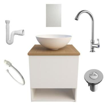 Imagem de Kit Gabinete de Banheiro Lavabo com Cuba Torneira Cromada Espelho Sifã