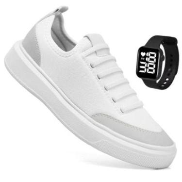Imagem de Tenis Sapatenis Branco Masculino Casual Calce Facil Elástico Estilo Moda Leve Confortável + Relógio-Masculino