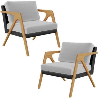 Imagem de Kit 02 Poltronas Sala L02 material sintético Preto Linho Cinza - LYAM 