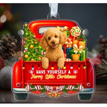 Imagem de Enfeite de acrílico Poodle – Have Yourself A Furry Little Christmas – Caminhão vermelho de Natal – Decoração festiva de Natal – Pendurado em árvore de Natal