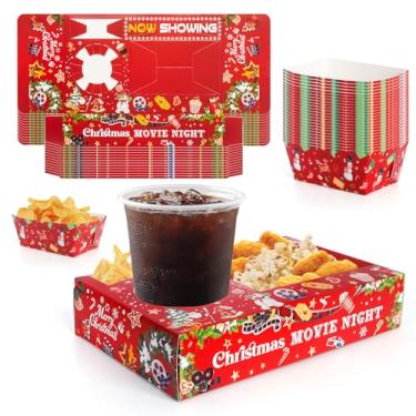 Imagem de 48 peças de suprimentos de festa de Natal, bandejas de lanche de papel noturno, decorações de festa de Natal, lembrancinhas de aniversário, boneco de neve, família, filme, pipoca, bebida e caixa de