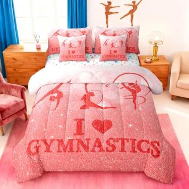 Imagem de Conjunto de edredom com silhueta de ginasta, solteiro, com tema de ginástica, para crianças, com estampa de glitter, vermelho, gradiente, para todas as estações, conjunto de cama leve, 7 peças