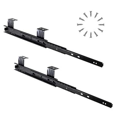 Imagem de Caminhos de prateleira de teclado - Teclado deslizante sob a mesa, 1 par esquerdo e direito, perfeito para casa, trilho deslizante preto, estiramento de três seções, fácil instalação, slides de gaveta