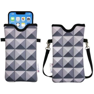 Imagem de Tainada Bolsa de neoprene masculina e feminina com alça transversal/cordão de pescoço para iPhone 16/15/14 Pro Max, 16/15/14 Plus, Samsung S25, A55, Google Pixel 9 (cinza prateado 3D geométrico)