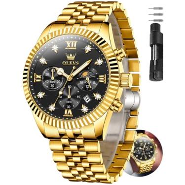 Imagem de OLEVS Relógio masculino, relógios masculinos clássicos prateados, à prova d'água, aço inoxidável, números romanos, relógio masculino fácil de ler, Pulseira dourada face preta - 2932, Round, relógio de