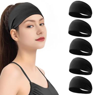 Imagem de Bandanas de transpiração para mulheres, treino, ampla faixa de cabelo para exercícios esportivos, faixa de transpiração com absorção de umidade para ioga, corrida, atlética, 5 peças (preto, 5 peças)