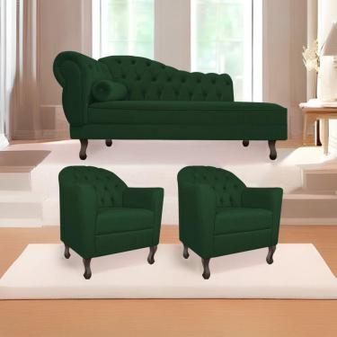 Imagem de Kit Diva Recamier Diana 140Cm Lado Direito E 02 Poltronas Julia Suede - Doce Sonho Móveis Verde
