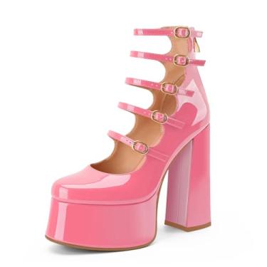 Imagem de Perisis Botas femininas plataforma Mary Janes salto alto bloco grosso cano curto bico fechado botas botas gótico lolita sapatos, rosa, 39